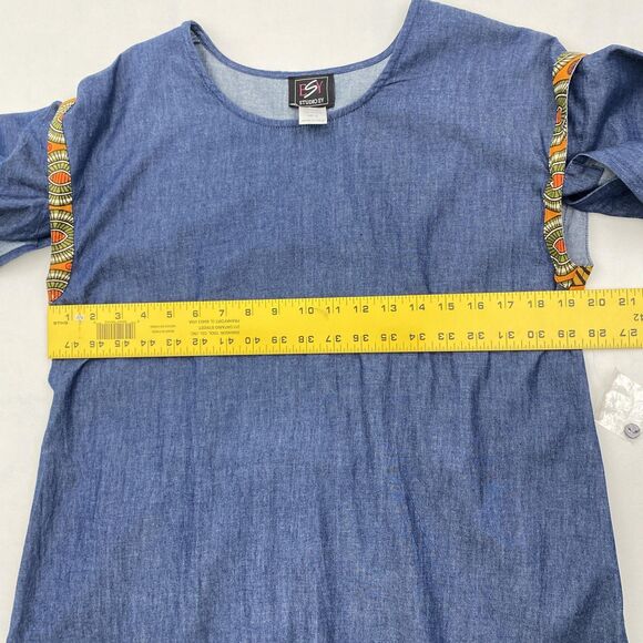 Studio EY Maxi Dress Womens Medium Blue Chambray Bell Sleeve Dashiki Print Boho - Picture 9 of 10